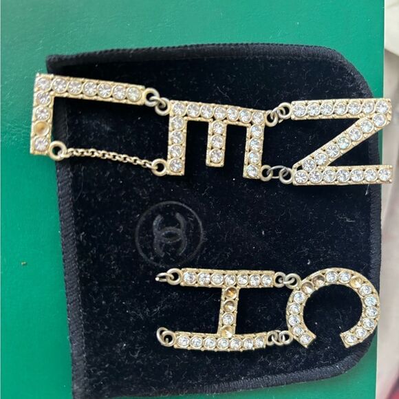 Crystal Cha-Nel Logo Drop Earrings Gold long big accessory bling dangling hoops - Picture 1 of 7